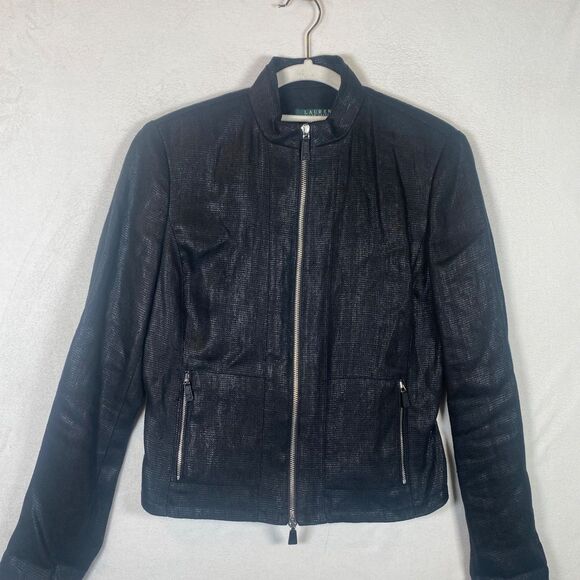 Lauren Ralph Lauren Women’s Jacket Size 8 Black 100% Linen Textured Woven Zip Fr - Picture 1 of 14